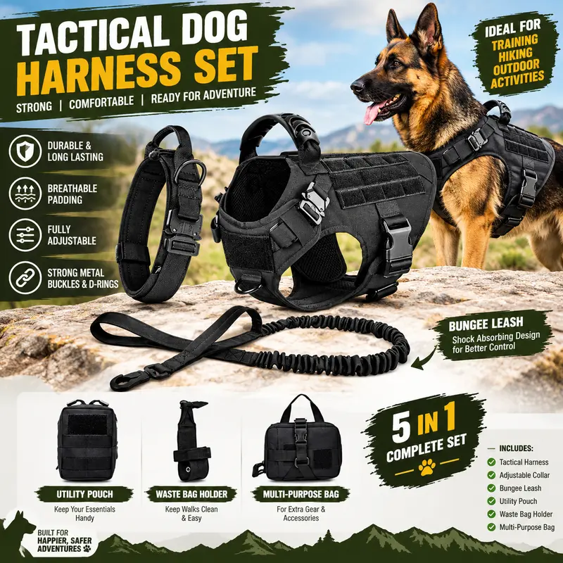 Large Dog Harness And Leash Set Pet German Shepherd Malinois Training Walking Vest Dog Harness And Collar For Medium Large Dogs Breathable Adjustable No-Pull Easy-Fit hook front