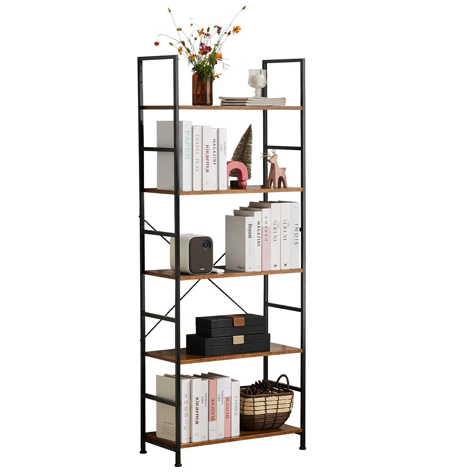 【Deal】Sweet Furniture 5 Tier Bookshelf: Modern Industrial Corner Storage Organizer for Bedroom, Home Office-Tall Bookcase for Books, Garage Kit, CDs, Movies
