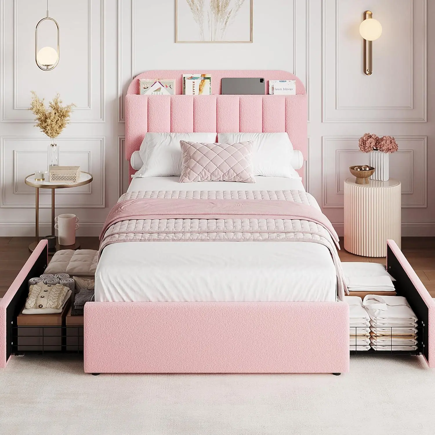 Gaomon Pink Boucle Fabric Twin Metal Platform Bed Frame - Storage Headboard with Bookcase, 2 Drawers, No Box Spring Needed, Easy Assembly Required, Silent, Girls Bedroom Furniture