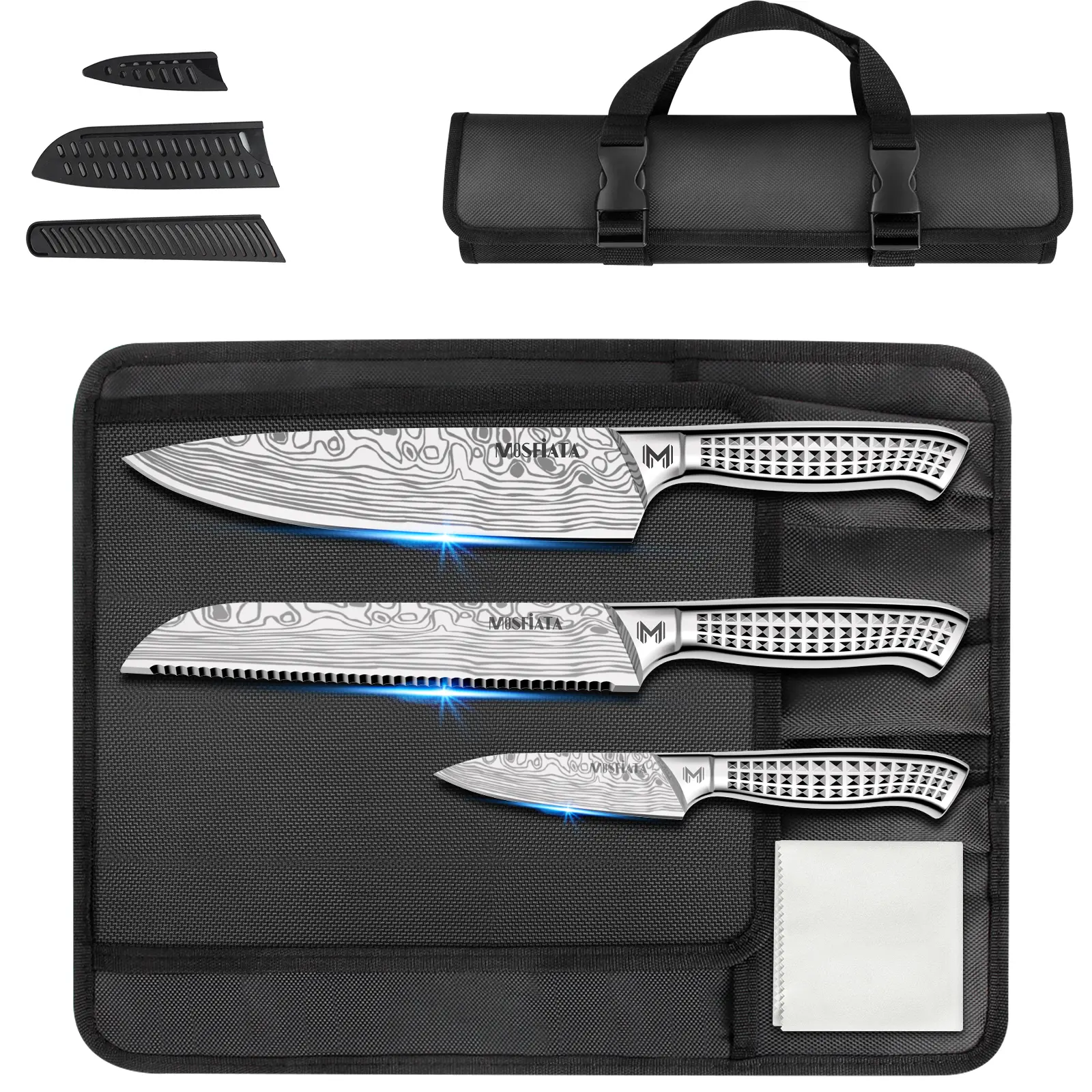 MOSFiATA 6pcs knife set，Japanese Stainless Steel Knife Sets for Kitchen with Oxford cloth storage bag Dishwasher Safe, For Outdoor Block