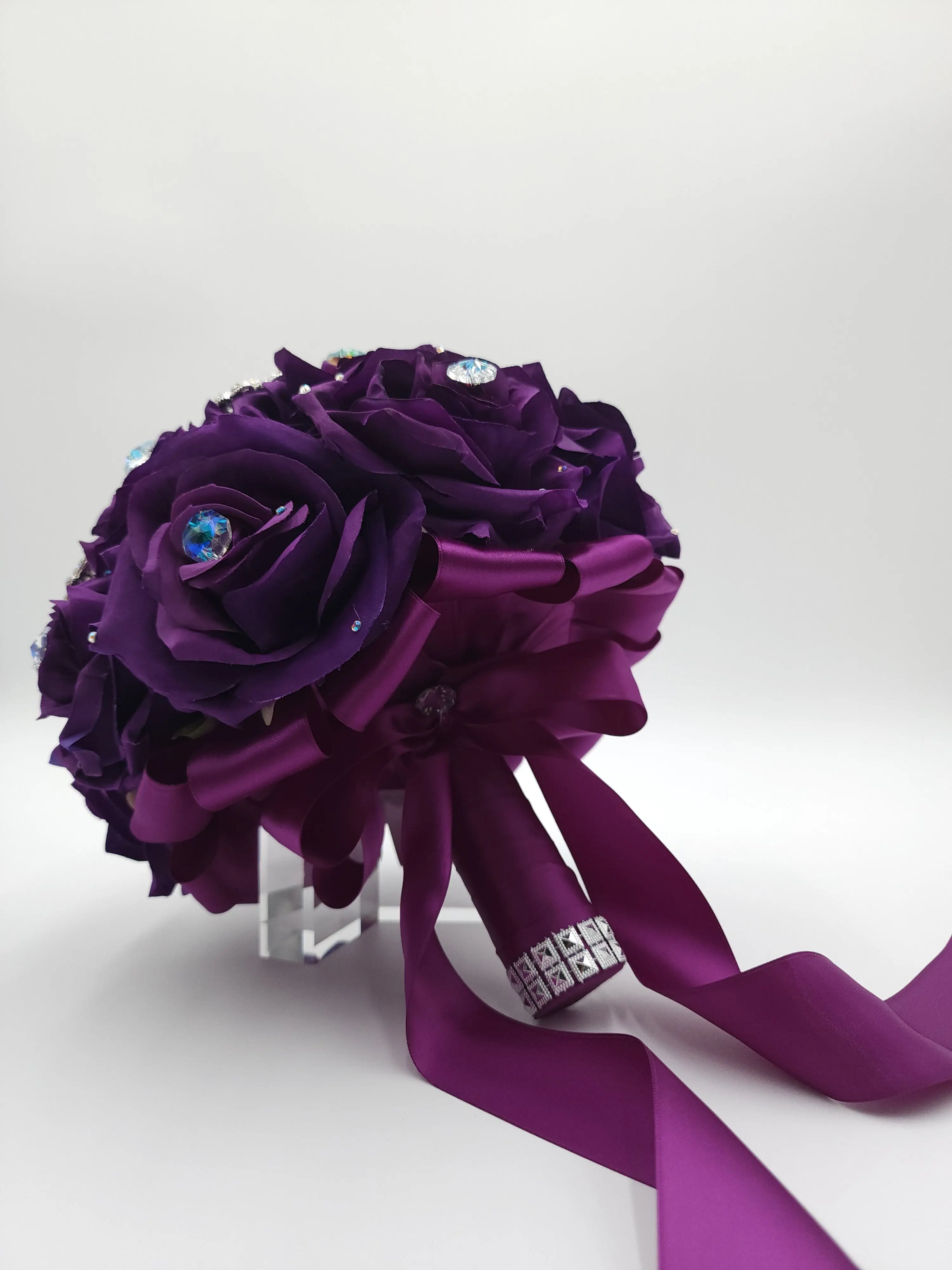 Luxury Purple Rose Bouquet – Crystal Rhinestone Bouquet with Satin Ribbon | Quinceañera, Prom & Elegant Wedding Flowers