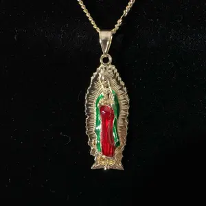 Virgen de Guadalupe Pendant Necklace with Gold Chain and Enamel Details for Religious Jewelry