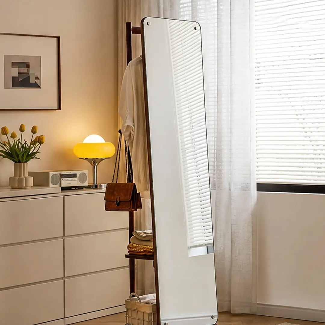 Freestanding Solid Wood Rotating Full Length Mirror with Clothes Rack and Storage Shelves, 360° Swivel Floor Standing Mirror with Hooks and Open Shelves, Walnut Rubber Wood, for Bedroom Living Room Entryway Cloakroom, 18.89W x 64.76D x 66.53H in
