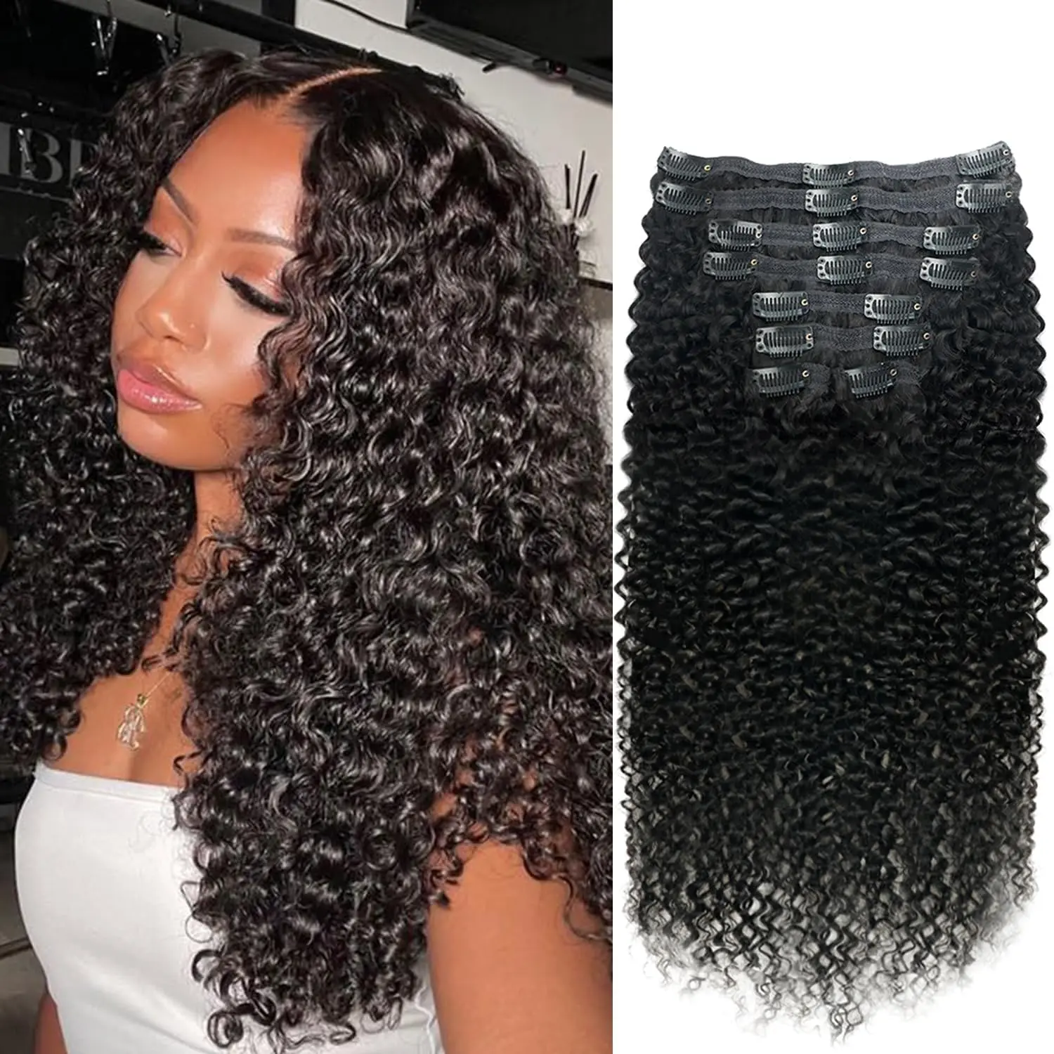Curly Clip in Hair Extensions for Black Women Brazilian Virgin Human Hair Clip in Extensions 8Pcs Kinky Curly Clip ins Human Hair with 18Clips Double Lace Weft 120g  Natural Black
