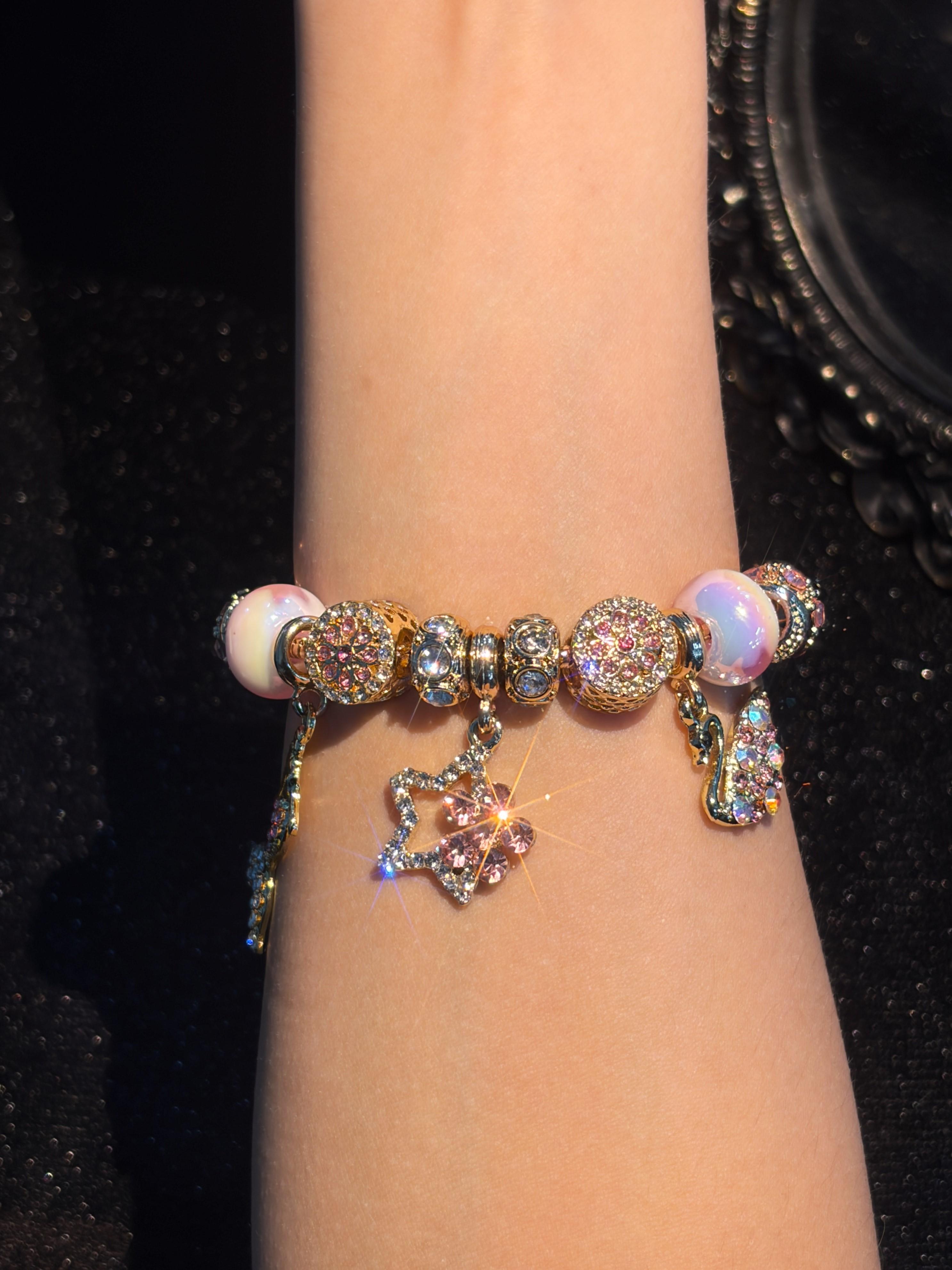 Women Gold‑Tone Mermaid Charm Bracelet, Pink Rhinestone Star Butterfly Dangle Charms, Colorful Murano‑Style Beads Snake Chain Bracelet, Fairytale Hand Jewelry Gift For Women Girls Daily Party Dating Wear