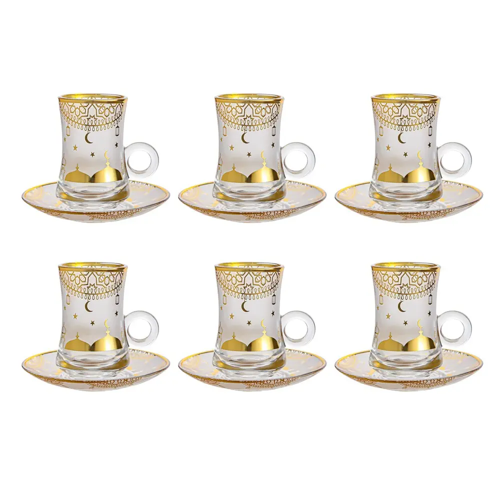 3.5in High Vintage Turkish Tea Glasses Cups Saucers Set of 6 for Women Stylish Drinkware Glassware Beverage Drinking Party Arabic Style Teacups Moroccan Persian Coffee Glass Cups, and Saucers Gold Drinkware