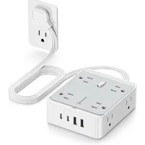 Flat Power Strip, 12-in-1 Flat Outlet Extender with 5Ft Extension Cord, Power Strip Flat Plug with 8 AC Outlets 2 USB-A and 2 USB-C, Flat Wall Extension Cord for Desktop  Office Dorm Room