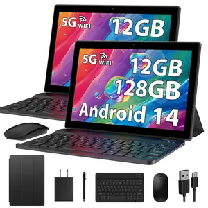 10.1-inch Android 14 Tablet Bundle, 6GB Native RAM (Supporting 12GB Expand) + 128GB ROM (Up to 1TB Expandable), IPS HD Display, 8000mAh Battery, Dual-Band WiFi, Keyboard, Mouse, Stylus & Protective Case Included, WiFi-Only Tablet PC for Work, Study