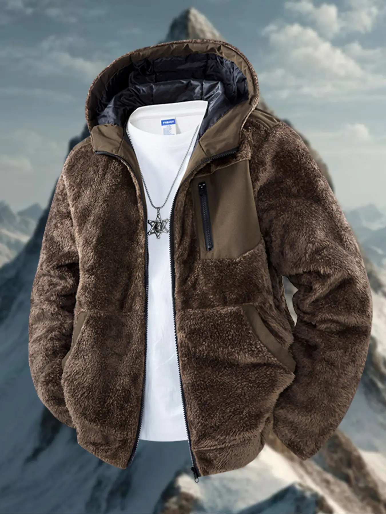 Men's Fleece Lined Hooded Jacket Coat, Winter Full Zip Design, Side Pockets, Polyester Fabric, Thermal Lined Jacket, Casual & Formal Wear
