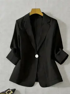 Plus Size Women's Plain Thin Fashion Fitted Jacket, Button Front Tailored Solid Blazer, Classic Lapel Design, Dual Pockets, Suitable for Spring Summer, Daily Commute Outdoor Wear