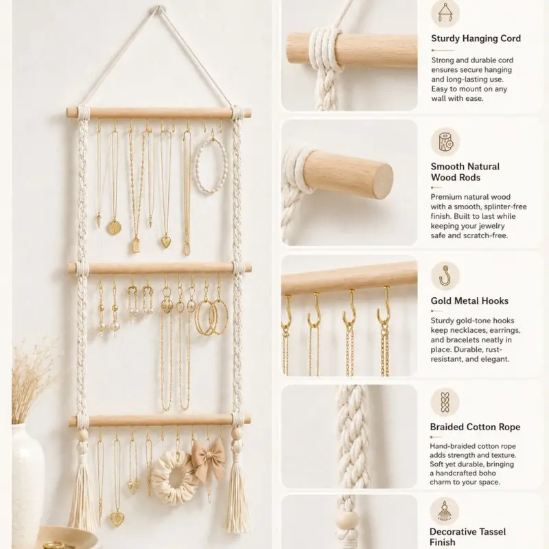 Wall-mounted jewelry storage rack, Jewelry organizer - 30-hook beaded jewelry hanging basket with tassel design, Multilayer storage, suitable for organizing necklaces, bracelets, earrings, hair bands and bows (DM118)