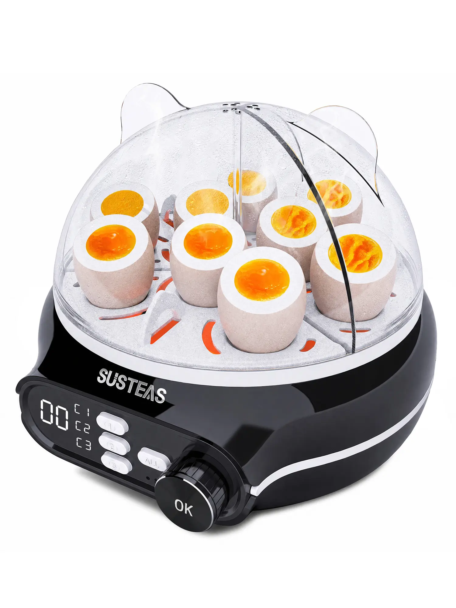 SUSTEAS Smart Electric Egg Cooker, 9-Piece Large Capacity, 3-Zone Simultaneous Soft/Medium/Hard Cooking, Preset Timer, Energy-Saving Zoning, 2 Modes for Room-Temp & Refrigerated Items, Voice Prompt, 3-Doneness Custard Tray Included