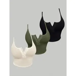 Women’s Knitted Polyester Tank Top Set – 3-Piece Set with Button Details, Casual Solid Color GARMENTARY