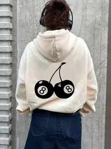 Women's Cartoon Cherry Print Drop Shoulder Hoodie, Fashion Casual Drawstring Pocket Hooded Sweatshirt for Daily Holiday Outdoor Wear, Women Clothing for Fall & Winter