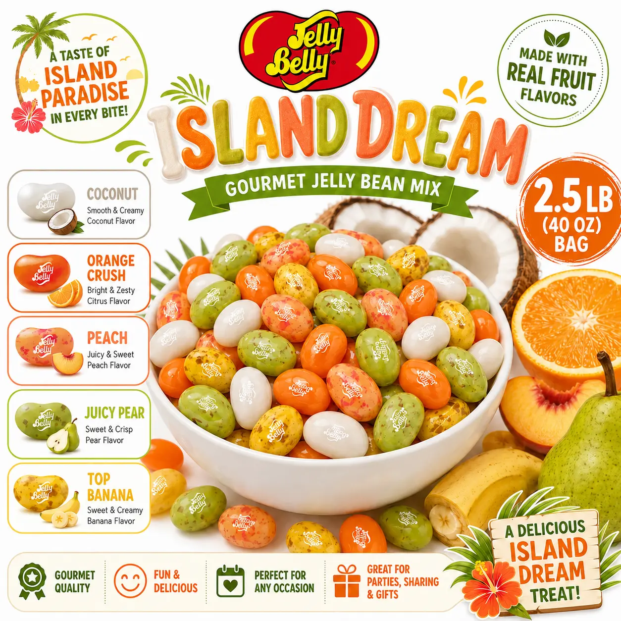 Jelly Belly Island Dream Mix Jelly Beans - Coconut, Orange Crush, Peach, Juicy Pear, Top Banana Flavors - Premium Soft Chewy Assortment, 2.5lb Bulk Bag for Party Candy Buffet, Beach Luau, Snack, Fruit