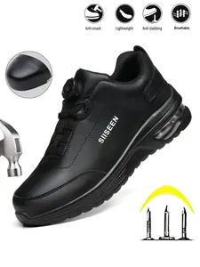 Men's Safety Shoes Pure Button Design, Anti-Puncture Cushioned Sole, Outdoor and Factory Work Boots, for Worker, Casual Style, All Seasons
