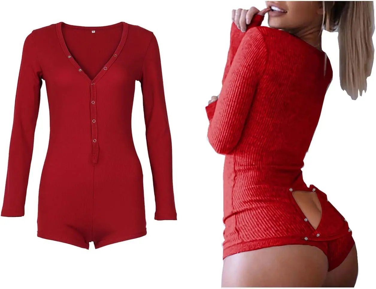 Women's Sexy Deep V Neck Shorts Long Sleeve Knitted One Piece Bodysuit Sexy Pajama Onesie Bodycon Rompers Overall