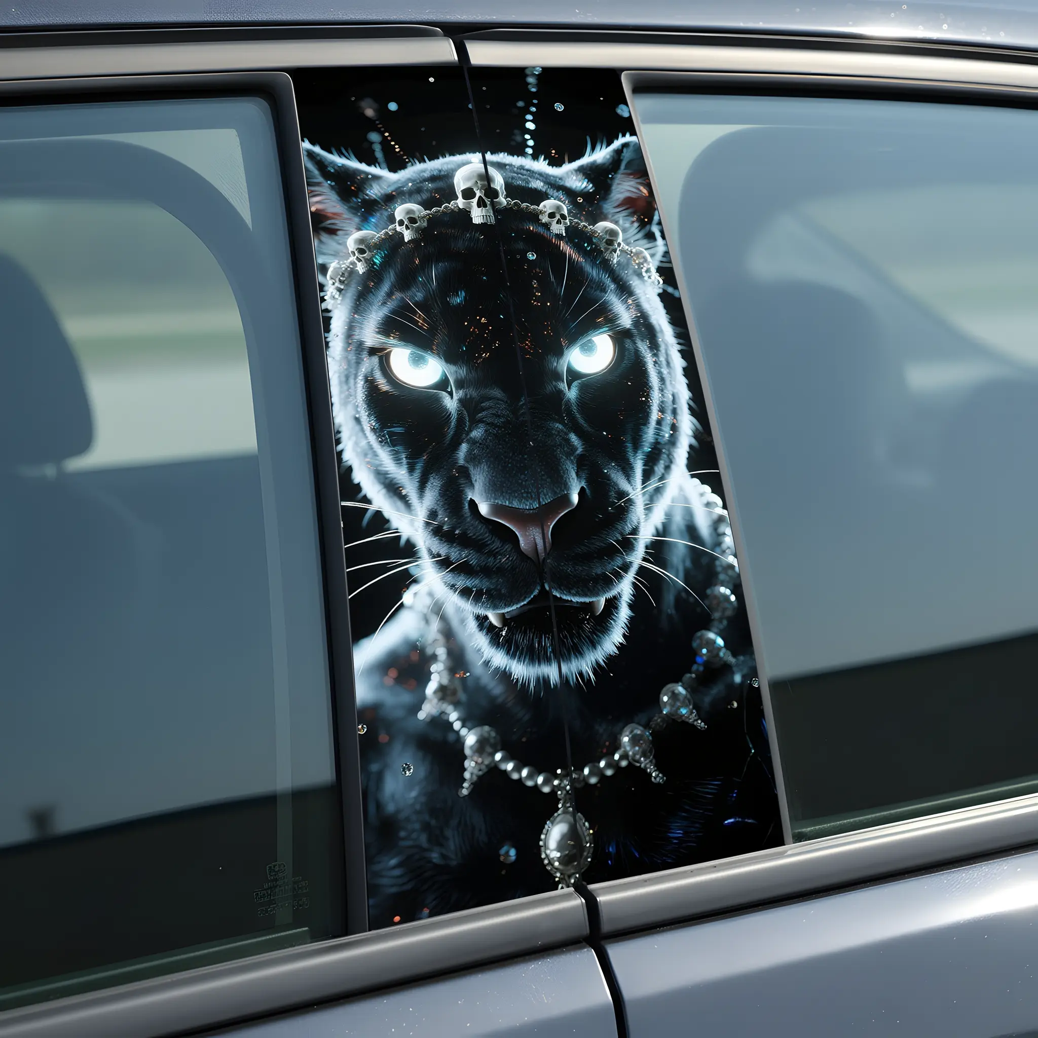 Black Panther Skull Car Door Trim Sticker Waterproof Personalized Creative Vinyl B-Pillar Cover Scratch Accessories Window Decal Decoration UV Printed 3D Effect