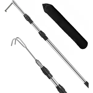 6.5Ft Heavy Duty Telescoping Truck Bed Cargo Retriever Grabber Reach Pole with 2-Style Hooks and Storage Bag Black