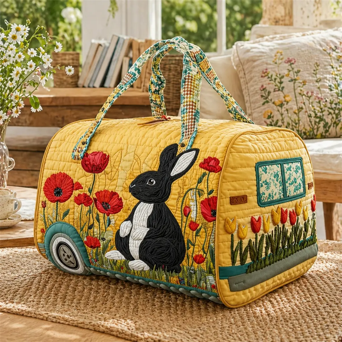 Women’s Quilted Bunny Floral Weekender Bag, Retro Camper Van Travel Duffel, Large Capacity Carry On Overnight Tote for Vacation, Road Trip, Weekend Getaway, Gym, Cottagecore Travel Bag