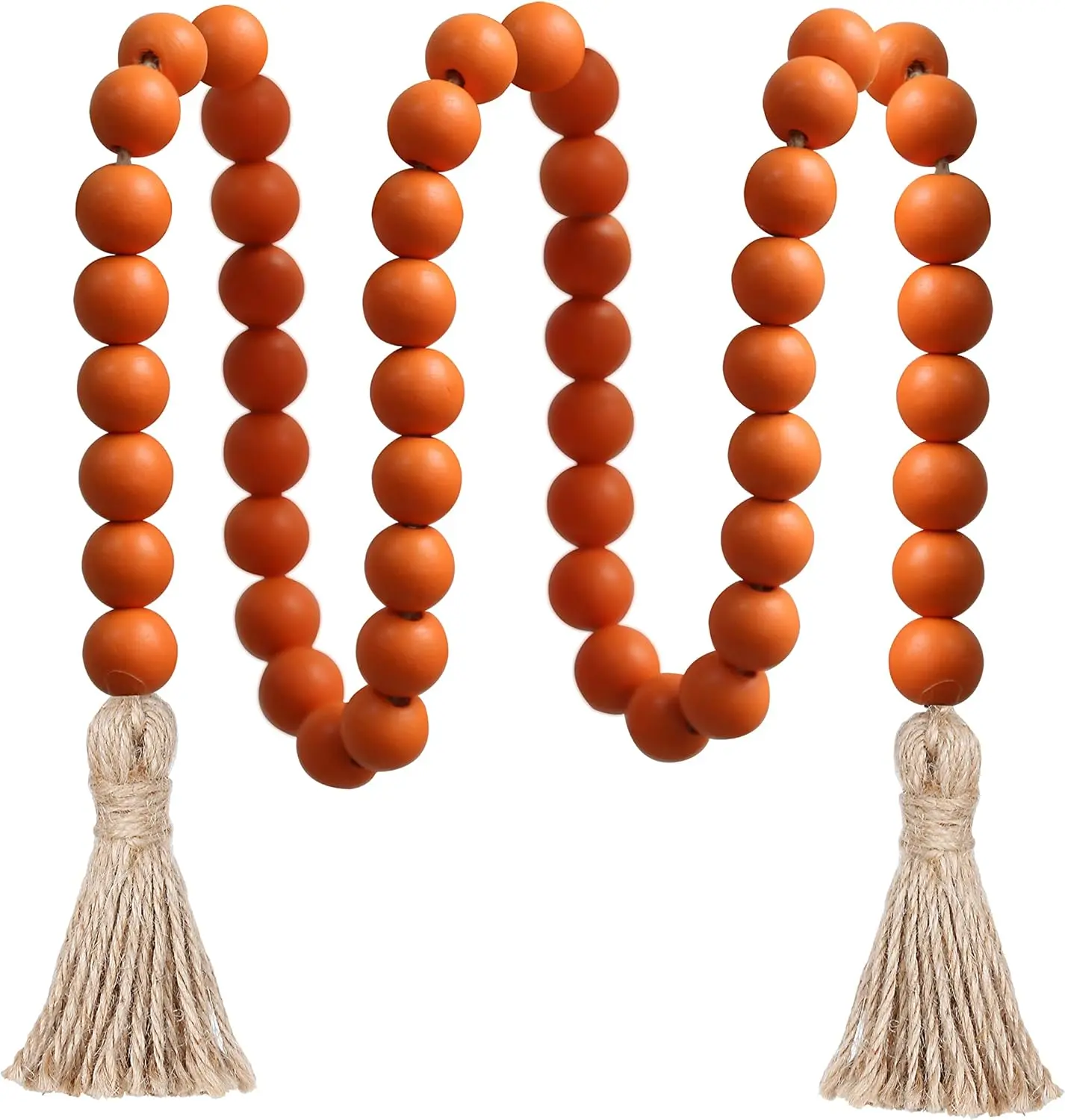 39In Wood Bead Garland, Farmhouse Beads with Tassels, Orange Meplait