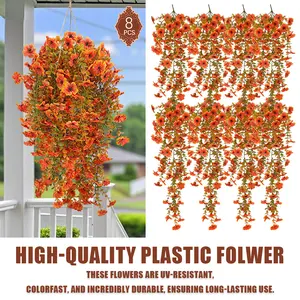 8 Pcs Orange Artificial Hanging Fall Flowers - Fake Daisies with Eucalyptus - UV Resistant Long Trailing Vines for Porch Patio Balcony Yard & Indoor Planter Decor