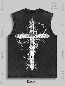 Men's Vintage Washed Thorn Cross Print Sleeveless T-Shirt - Gothic Streetwear Tank Top, gothic tank top, thorn cross print tee, washed black sleeveless shirt, edgy streetwear tank, vintage cotton graphic tee, dark aesthetic shirt
