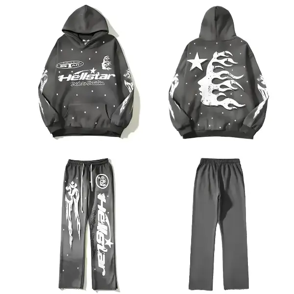 Hellstar Oversized Hoodie 2-Piece Set - Unisex Basic Solid Pullover Hooded Sweatshirt & Men's Sports Sweatpants, Casual Street Style, Trendy Graphic Sports Suit for Daily Wear