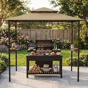 8x7' Outdoor Grill Gazebo - Outdoor Patio Furniture, Double-Tier Vented Roof, Easy-Setup BBQ Shelter Canopy, 2 Shelves, Utensil Organizer for Backyard, Garden Cookouts