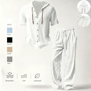 Men’s Linen material lightweight two-piece set ,Hooded short-sleeved shirt and wide-leg pants,casual vacation style, loose and breathable thin fabric, Hooded short-sleeved shirt and wide-leg pants, for summer wear outdoorfun