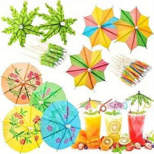 40pcs Tropical Drink Umbrellas & Cocktail Picks, Coconut Palm & Rainbow Designs, Firework Stirrers & Bamboo Sticks Utensils for Party Decorations