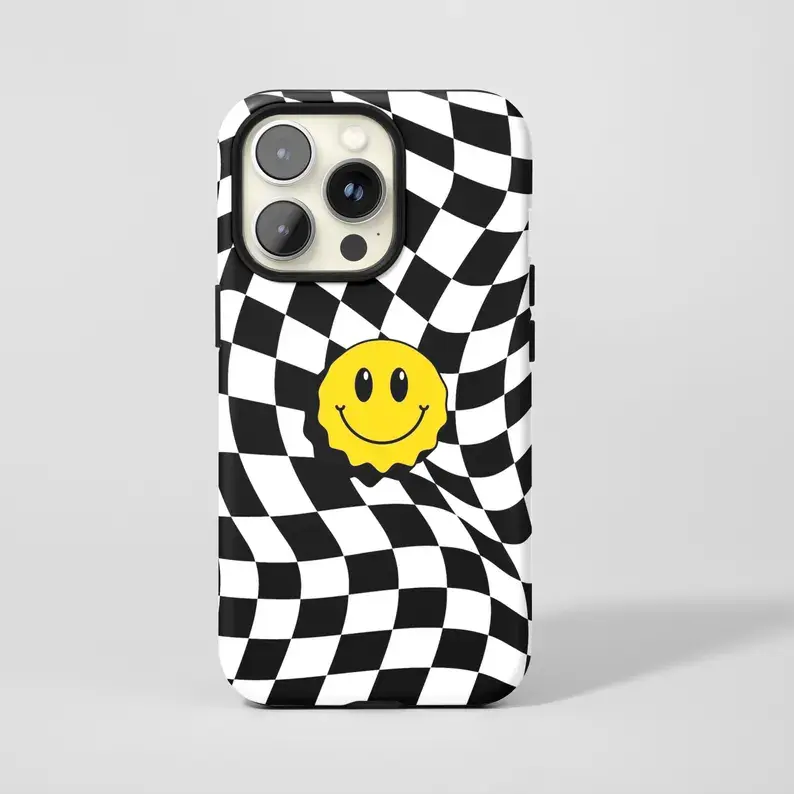 Black and White Distorted Checkerboard Durable Rubber Wireless Smartphone Casing - Cute Yellow Smiley Face Wavy Aesthetic Polycarbonate Impact Resistant Cover for Multiple iPhones (17,16e,15,14,13,12)