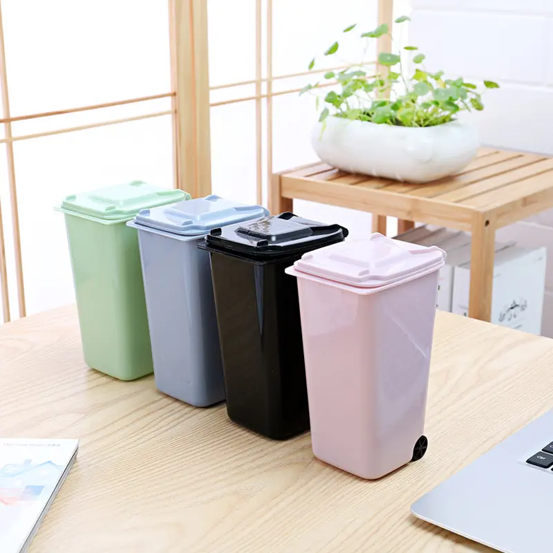 Plastic Compact Desk Trash Can with Lid Cover, Small Size Multifunctional Waste Bin, Dual-Use Storage Bucket & Pen Holder for Home Office Desk Org