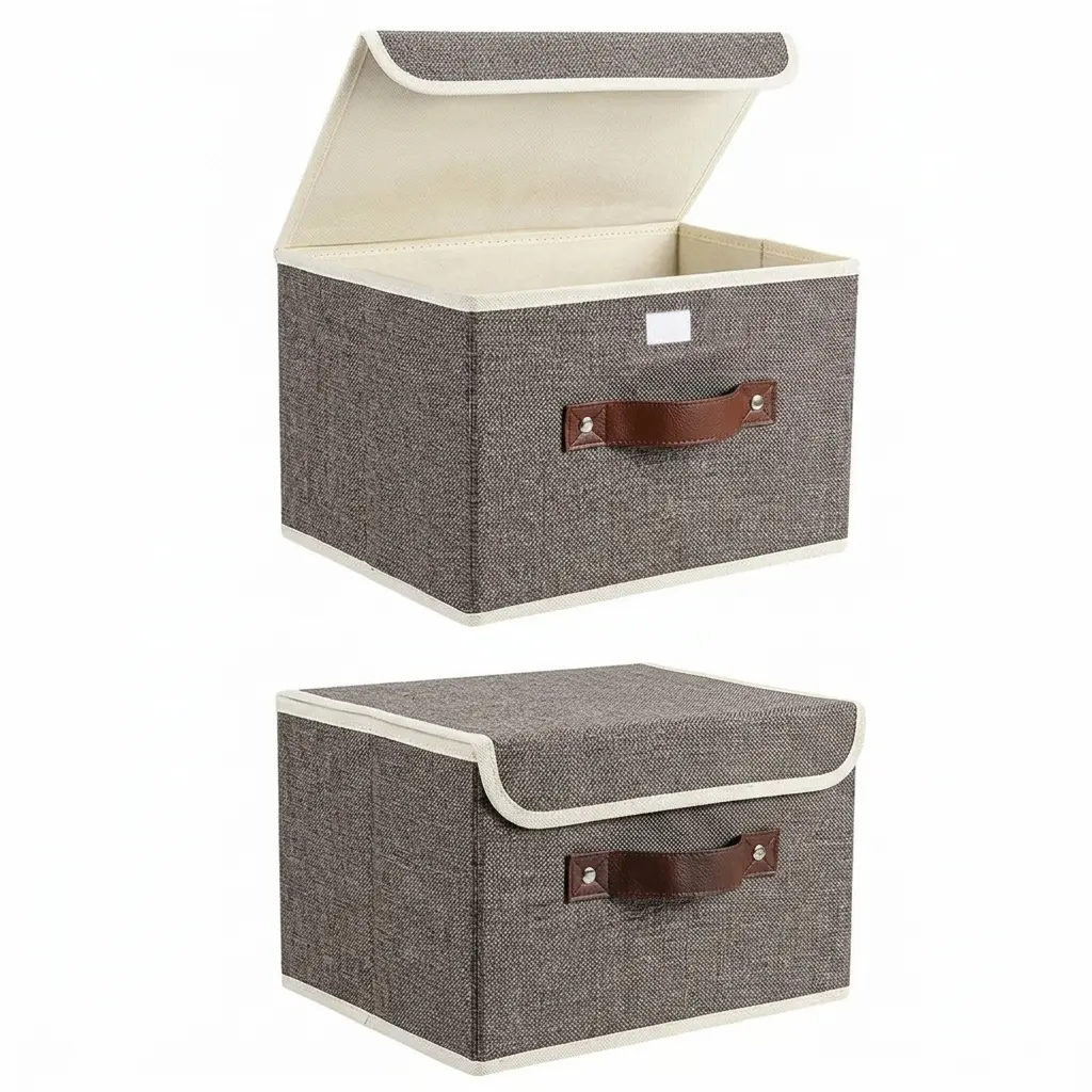2-Pack Eco-Friendly Collapsible Cotton-Linen Storage Bins with Handles, Lids & Cardboard Support - Large Fold-Up Organizers for Home Shelf, Clothes, Book Storage