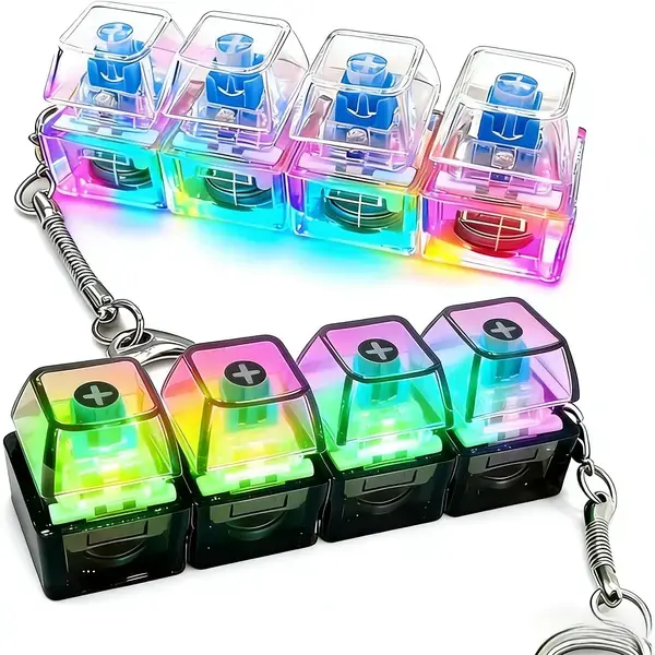 Keyboard Fidget Toy for Adults – Clicker Keyboard Fidget Keychain with LED Lights, 4-in-1 Loud Fidget Keyboard for Anxiety Stress Relief, Fun Keycap Keychain Gift for Women Men (Black/White)