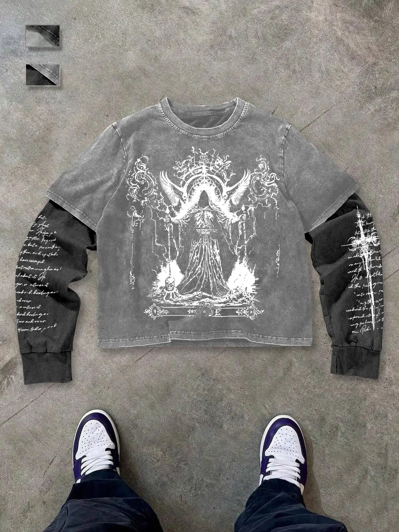 Men's Opium Style Acid Wash Double Layer Long Sleeve Crewneck T-Shirt - Gothic Reaper Graphic Print Tee with Script Sleeve Detail - Oversized Dark Aesthetic Casual Fashion Streetwear Top for Cyber Grunge Outfits Menswear