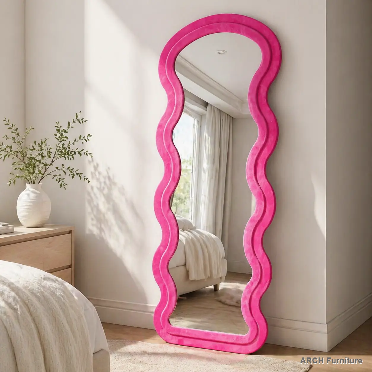 ARCH Wooden Wave Rose Flannel Full-Length Mirror - Home Decor with Artistic Touch, Women's Modern Room Accent, Hanging-Wall-Leaning Standing Full Body Mirror, Clothes Styling Aid, Christmas Gift for Home Reflections