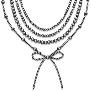 4pcs Western Navajo Pearl Stackble Necklace Jewelry For Women Beaded Chain Bow Pendant Boho Handmade Long Layered Country Concert Necklace Set