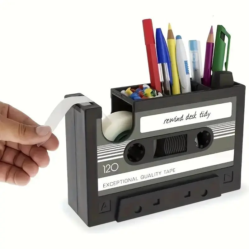 Retro Cassette Tape Dispenser with Pen Holder, Vintage Magnetic Office Supply Organizer, Pe Material, Colorful Stationery Included