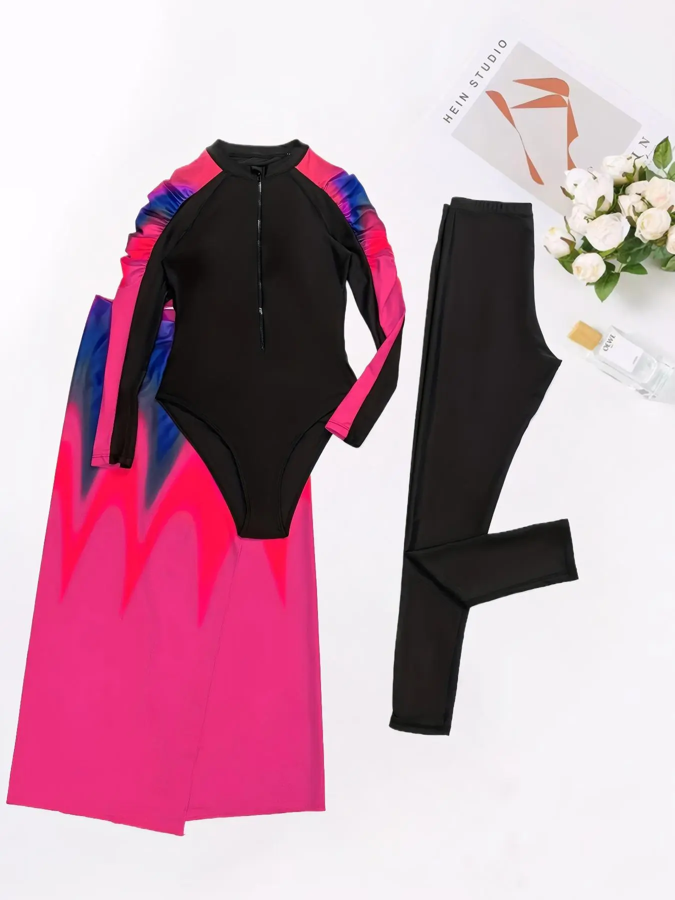 Women's Islamic Swimwear Set, High Stretch Modest Long Sleeve Zip Up One-piece Swimsuit & Cover Up Skirt & Skinny Pants Set, Modest Bathing Suits, Modest Swimming Wear, Modest Swimsuits, Swimsuit Style