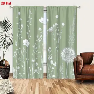 2D Flat  Sage Green Background White Line - Art Wildflowers & Plants 2 - Piece Curtain Set, Natural Botanical Floral Pattern Dandelion Daisy Design Window Curtains for Living Room Bedroom, Minimalist Serene Home Decor, Home Textile