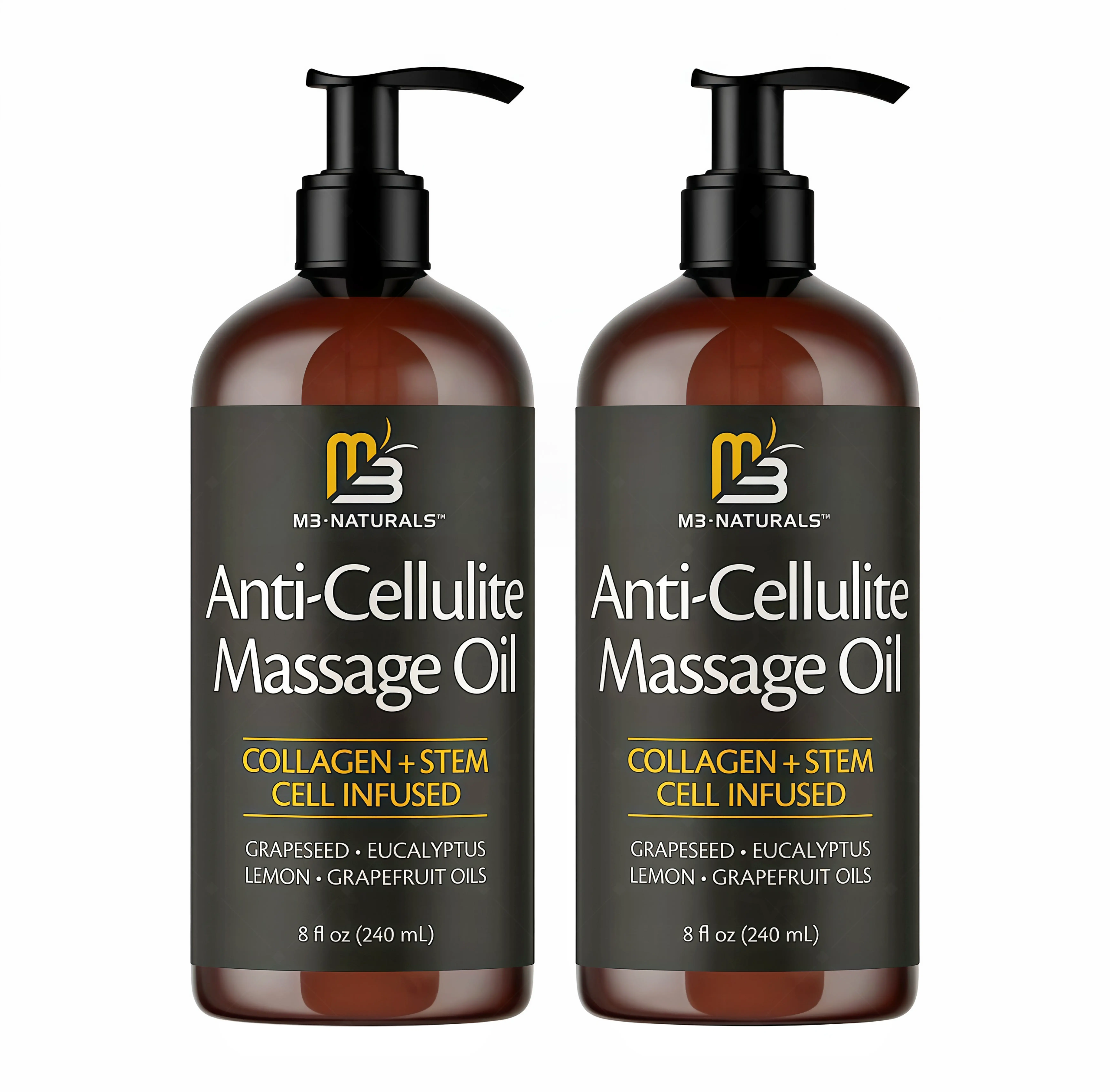 2 Pack M3 Naturals Cellulite Massage Oil 8oz-SmooththeAppearance of Cellulite YF -Body Care &SkinCareMassage Oil Topical Collagen and PlantStemCellBodyOil to Restore Texture and Elasticity-SoothingBodyOil