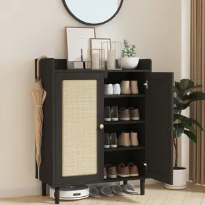 Modern Shoe Cabinet with Rattan Doors, Adjustable ShelvesWooden Design,4-Tier Storage for Entryway, Hallway,Closet & Bedroom Furniture,Black Decoration Drawer Chest Dresser Drawer Dresser Organizer