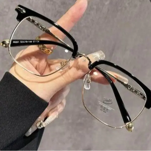 Vintage Gothic Blue Light Glasses, Browline Cross Carved Frames for Women, Stylish Computer Eyewear for Work & Daily Wear Fashion Accessory Eyewear Trendy Frames
