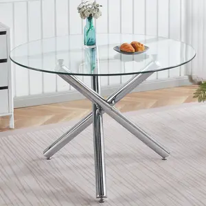 Chrome Dining Table with metal leg and glass,Modern Space Saving Kitchen Table for Living Room,110X110X75CM