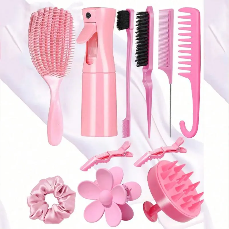 Hair Styling Comb Set for Girls, Tangle-Free Detangling Brush with Spray Bottle, Hair Clips & Scalp Massager, Heatless Styling Tools for Travel, Sports, Office and School, Straightening Comb