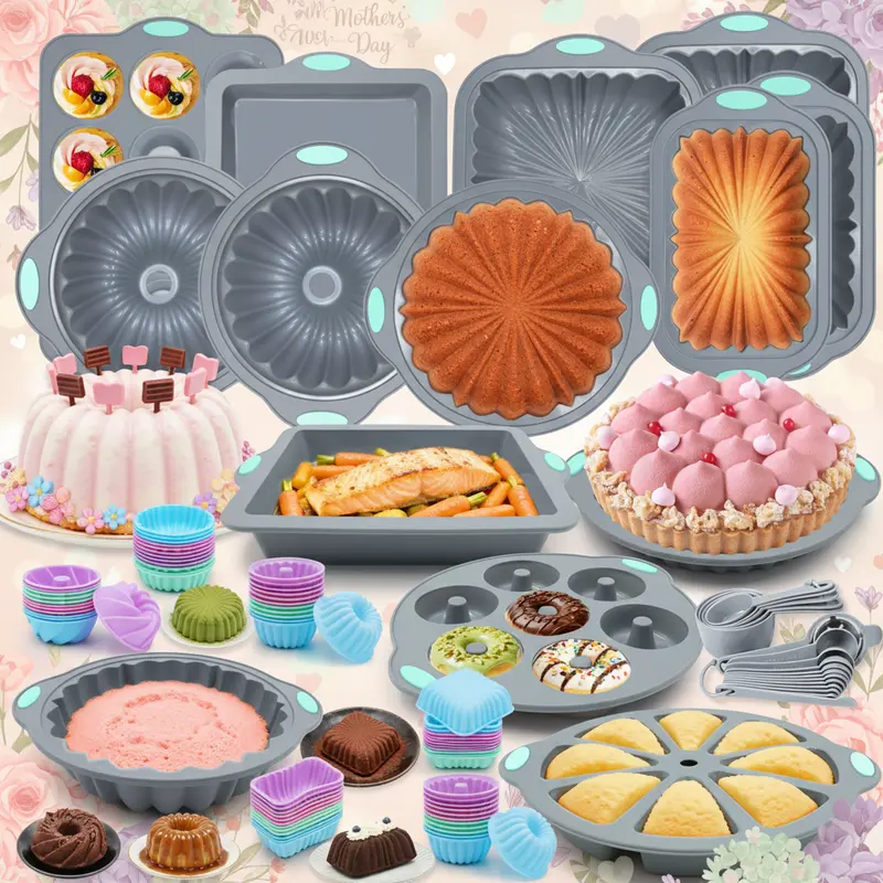 120/69/51 Pieces，Silicone Baking Set, Non-Stick Baking Pan Set, includes cake molds and muffin cups, food-grade silicone baking molds, suitable for cakes, bread, muffins, brownies, cookies, and Mother's Day