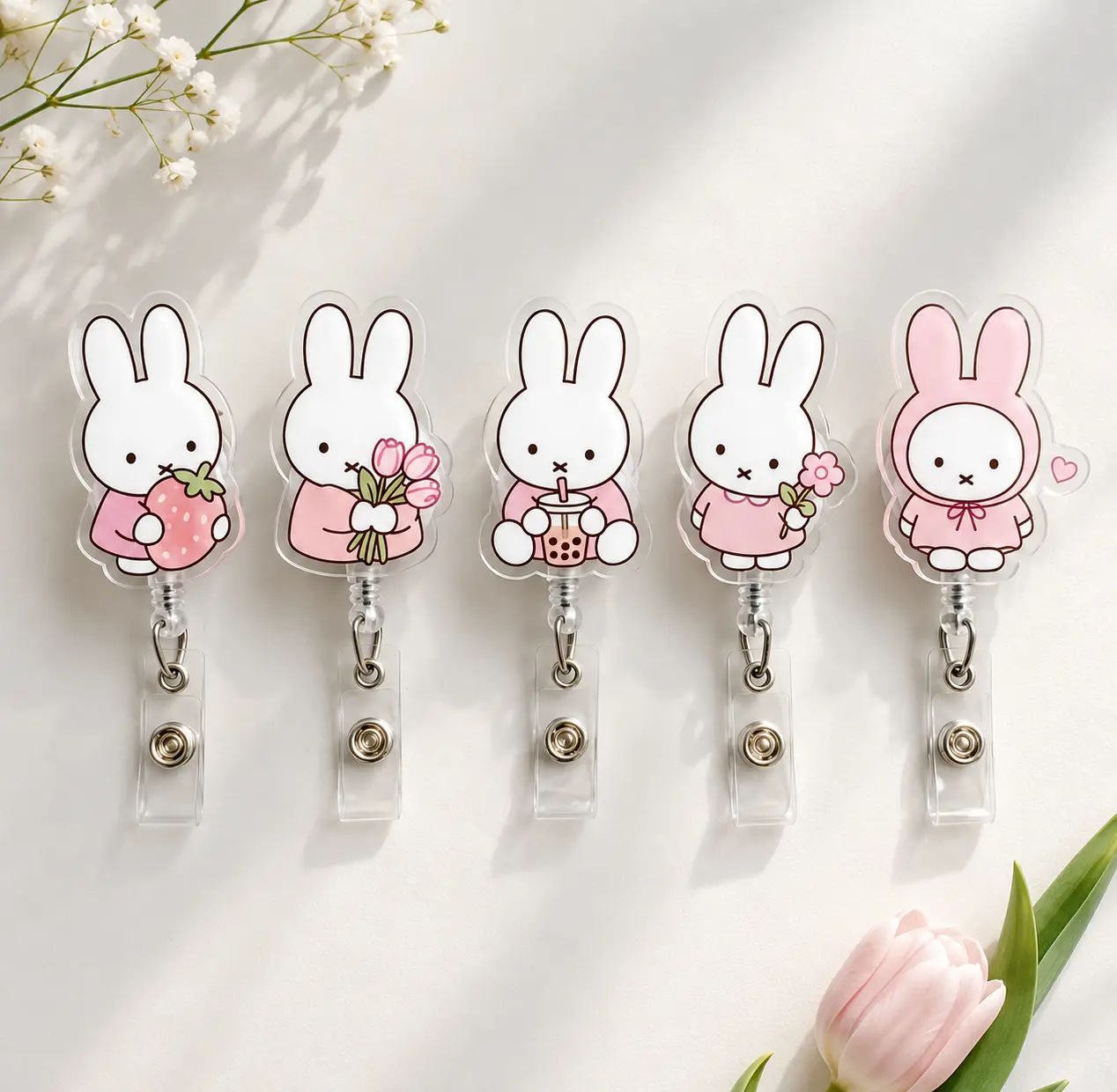 Cute Bunny Badge Reel, Kawaii Pink Rabbit ID Holder, Strawberry Boba Floral Retractable Badge Clip, Girly Nurse Office Work Accessory