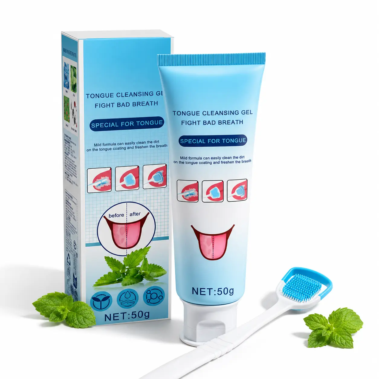 Non-Medical Unscented 50g Tongue Cleaning Gel with Brush - Single Item Pro Tongue Scraper Kit for Deep Oral Care, Bad Breath Control, Instant Minty Fresh Breath