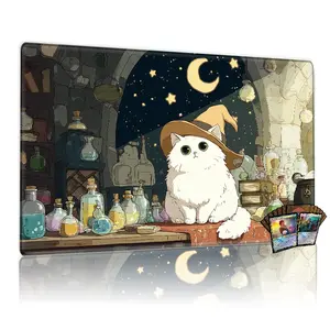 Cute Fluffy White Wizard Cat with Magic Potions Night Sky 12x24inch MTG TCG Playmat Trading Card Game Mat Table Mat Great Gift Idea
